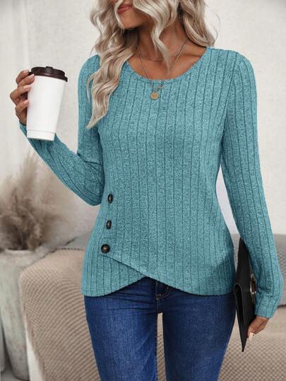 EMERY ROSE Women's Solid Color Round Neck Long Sleeve Ribbed Asymmetric Hem Casual T-Shirt, Spring & Summer Fall Cloth For Women