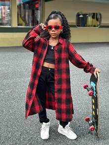 SHEIN 少女复古格子长款衬衫，侧开衩，可与兄弟姐妹同款（两件分开出售） - 紅色和黑色 - 查看 8