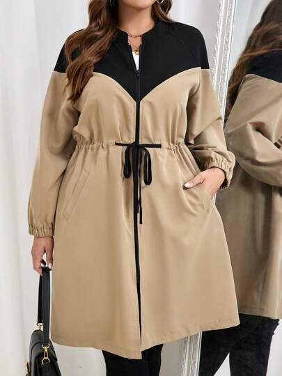 SHEIN Essnce 大码女式风衣夹克，休闲拼色宽松时尚日常连帽外套，卡其色和黑色