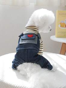 PETSIN 1 件装宠物条纹针织牛仔连体裤 2 合 1 狗四腿裤 - 藍色 - 查看 2