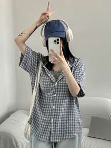 DAZY Women's Summer Casual Hooded Plaid Loose Blouse,Flannels Women - Blue - View 7