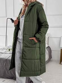Chiquease Olive Green Quilted Padded Coat With Elastic Cuffs & Zipper Pockets, Women's Winter Jacket Thermal Fall Cloth For Women