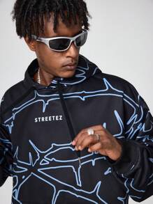 Manfinity VCAY Men's Drawstring Hooded Full Print Casual Loose Fit Pullover Sweatshirt, For Fall Winter - Blue - View 2