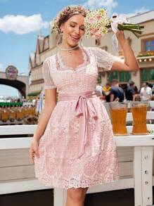 Chiquease Textured Fabric Lace Contrast Trim Women's Dress, Suitable For Oktoberfest - Pink - View 2
