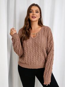SHEIN Frenchy Suéter de manga larga con cuello de ojo de cerradura de tela texturizada para talla grande - Caqui - Ver 3