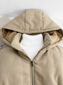 SHEIN 青少年女孩纯色加厚袋装连帽休闲棉服外套 - 卡其色 - 查看 6
