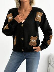 EURMUSE BEAR EMBRODERY DETAIL CARDIGAN - Black - View 6
