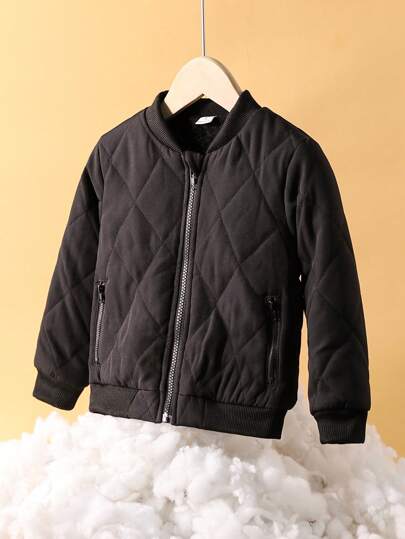 年轻男孩绅士学院风保暖内衬棒球夹克，采用菱形缝线和立领设计 - 适合室内和室外冬季活动的时尚保暖外套选择