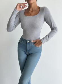 EURMUSE Solid Scoop Neck Tee - Grey - View 3