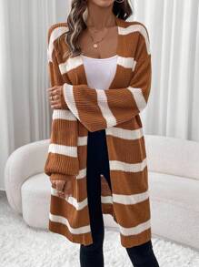 SHEIN LUNE 1 pieza Cárdigan largo beige cálido para mujer, otoño - Caqui - Ver 3