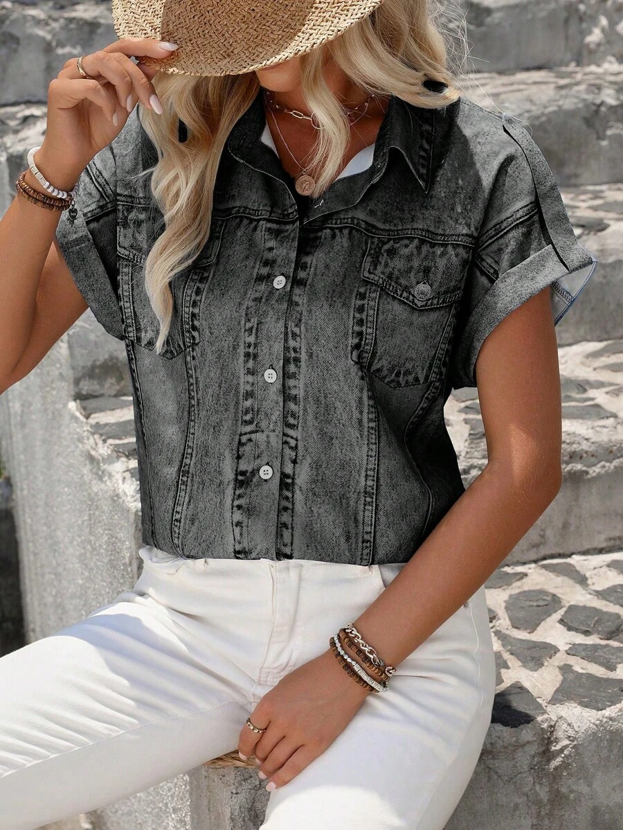 SHEIN LUNE Áo Sơ Mi Tay Ngắn Phía Trước In Nút, Mùa Hè - màu đen - Xem 1