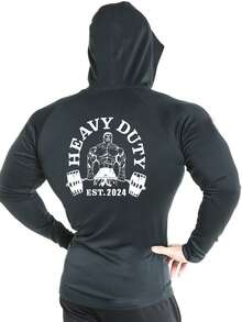 Manfinity Sport Corelite Boyfriend Style Men's Letter Print Hooded Long Sleeve Pullover Sweatshirt, Active Wear Graphic Gym Sports Sweatshirt