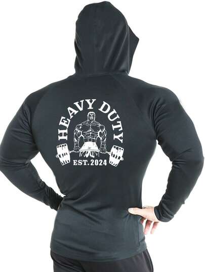 Manfinity Sport Corelite 男友风格男士字母印花连帽长袖套头运动衫，运动服图案健身运动衫