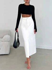 EURMUSE WOMEN HIGH WAIST SLASH DETAIL MIDII SKIRT - White - View 3