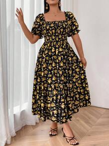 SHEIN SunnyBelle 大码方领短袖花卉印花休闲连衣裙 - 黃色 - 查看 7