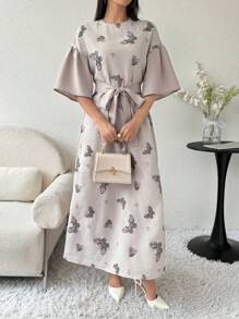 Al Najma 花卉印花荷葉邊短袖腰帶連衣裙 - 卡其色 - 查看 2