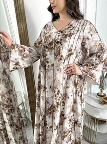 Al Najma 大码女式花卉印花 V 领喇叭袖连衣裙，适合度假，阿拉伯风格朴素优雅的长款卡夫坦 Jalabiya 连衣裙 - 彩色 - 查看 4