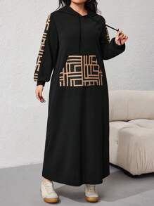 Veilorie Plus Size Women Geometric Print Long Sleeve Drawstring Hooded Casual Dress, Spring Autumn - Black - View 5