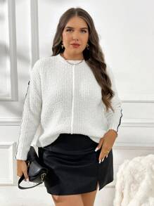 SHEIN Frenchy Plus Size Crew Neck Pullover Sweater - Beige - View 4