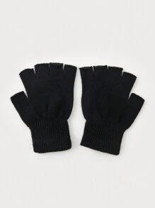 女士纯色露指手套，适合秋冬季户外穿着 - 黑色 - 查看 2
