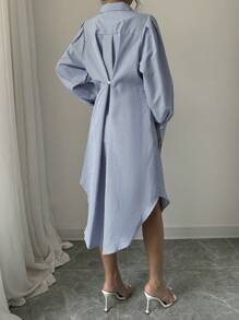 Elenzga 女士优雅通勤泡泡袖收腰条纹衬衫裙 - 藍色 - 查看 2