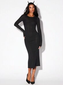 SHEIN X  Ignacia Antonia Glamine Black Long Sleeve Mid-Length Twist Detail Round Neck Fitted Bodycon Halloween Sweater Dress For Women - Black - View 1