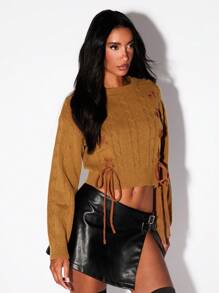 Glamine Women's Casual Criss-Cross Tied Cropped Sweater, Spring Autumn Knit Pullover Fall Winter Outfit - Camel - View 4