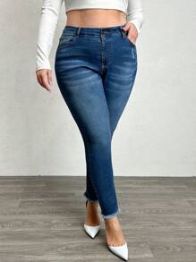EURMUSE Plus Size Mulheres Bolsos Bainha Desfiada Skinny Casual Jeans - Lavagem escura - Ver 7