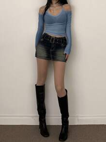 DAZY 女士纯色简约日常挂脖长袖 T 恤 - 霧霾藍 - 查看 5