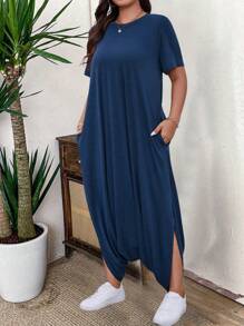 SHEIN LUNE جمبسوت قصيرة الأكمام فضفاضة مع جيوب وياقة دائرية بلون أحادي المقاس الكبير ، صيفي - الأزرق - مشاهدة 5