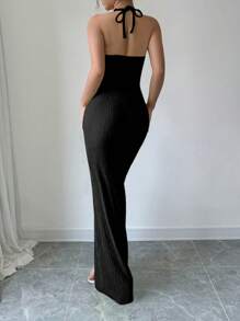 Chiquease Halter Neck Backless High Slit Maxi Fitted Black Dress, For Going Out