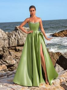 Faeriesty Satin Rhinestone Detail Formal Tube Prom Dress - Green - View 7
