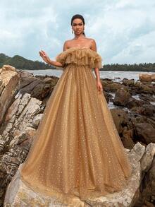 Faeriesty 露肩荷叶边亮片薄纱正式舞会礼服