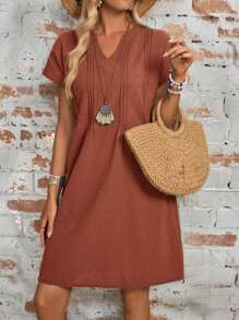 EMERY ROSE 女式纯色简约休闲短袖连衣裙 - 紅木色 - 查看 6