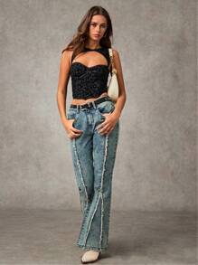 SHEIN BAE Gorset z nadrukiem w panterkę, czarny, odpinany, świąteczny, odzież koncertowa/stroje na randki/topy, urocze topy, seksowny, pusty, seksowny gorset, kostium na Halloween, jesienne ubrania damskie, stroje na festiwal Rave - Czarne - Zobacz 4