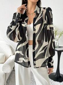 Modelyn Áo sơ mi nữ tay dài cài nút in họa tiết toàn thân thời trang thanh lịch giản dị, áo cánh đen trắng - Nhiều màu - Xem 3