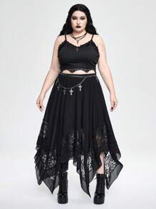 ROMWE Goth 哥特式十字架吊带背心 + 不对称蕾丝下摆长裙 2 件套 加大码 夏季