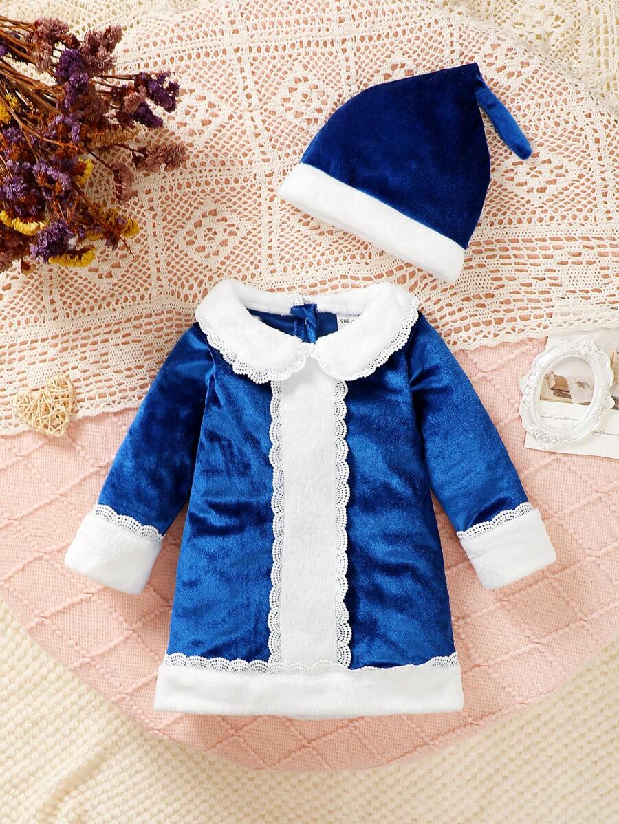 Baby Girls' Casual Solid Color Long Sleeve Dress - Blue - View 1
