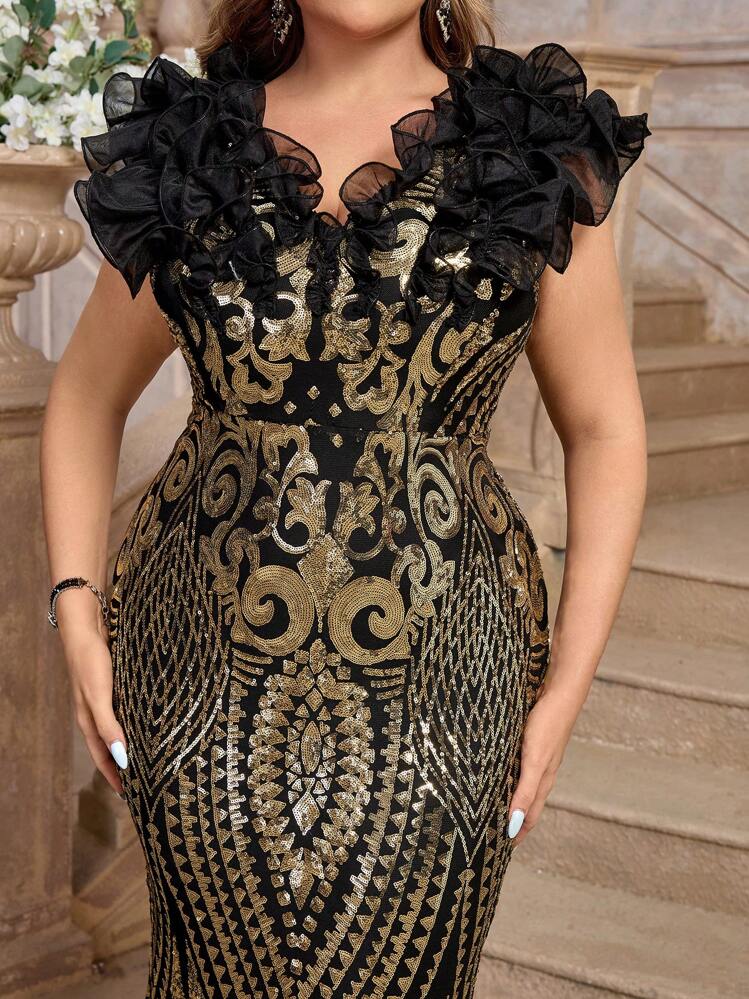 SHEIN Belle Váy dạ hội đuôi dài đuôi dài đính sequin sang trọng màu sâm panh cỡ lớn, váy dạ hội trang trọng màu đen, dành cho khách dự tiệc cưới, tốt nghiệp, váy dự tiệc tối, váy dạ hội - màu đen - Xem 6