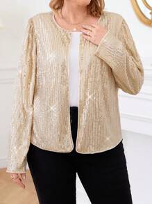 Plus Size Solid Color Sequin Patchwork Long Sleeve Jacket - Champagne - View 5