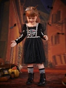 SHEIN Glamorique Kids 年轻女孩万圣节公主服装，长袖蕾丝花边心形印花网眼派对连衣裙，适合外出、度假、秋冬季，黑色 - 黑色 - 查看 3