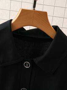 SHEIN LUNE Áo thun cổ polo cơ bản tay ngắn dành cho nữ có nút trang trí, áo thun mùa hè và mùa thu - màu đen - Xem 5