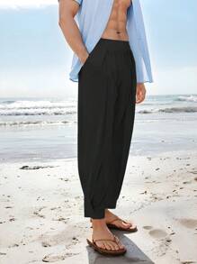 男士纯色口袋褶皱简约休闲长裤，秋季