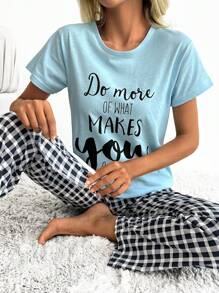 RueChic Gingham And Slogan Graphic PJ Set - Multicolor - View 1