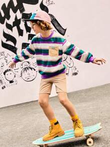 SHEIN Explorewe 青少年男孩休闲宽松条纹圆领运动衫，秋季 - 彩色 - 查看 3