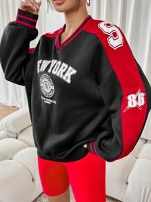 SHEIN SXY Casual Oversized Fleeced Pullover Hoodie With American Style Graphic Print, Warm For Autumn & Winter