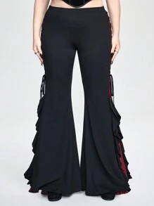 ROMWE Goth Pantalones acampanados de talla grande para mujeres con diseño a bloques de color, encaje y lazo en estilo punk oscuro - Negro - Ver 5