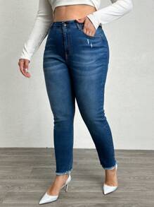 EURMUSE Plus Size Mulheres Bolsos Bainha Desfiada Skinny Casual Jeans - Lavagem escura - Ver 6