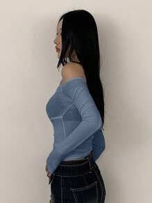 DAZY 女士纯色简约日常挂脖长袖 T 恤 - 霧霾藍 - 查看 2