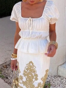 INAWLY Áo kiểu nữ cổ tròn tay ngắn thắt eo xếp ly thời trang ngày lễ - trắng - Xem 2